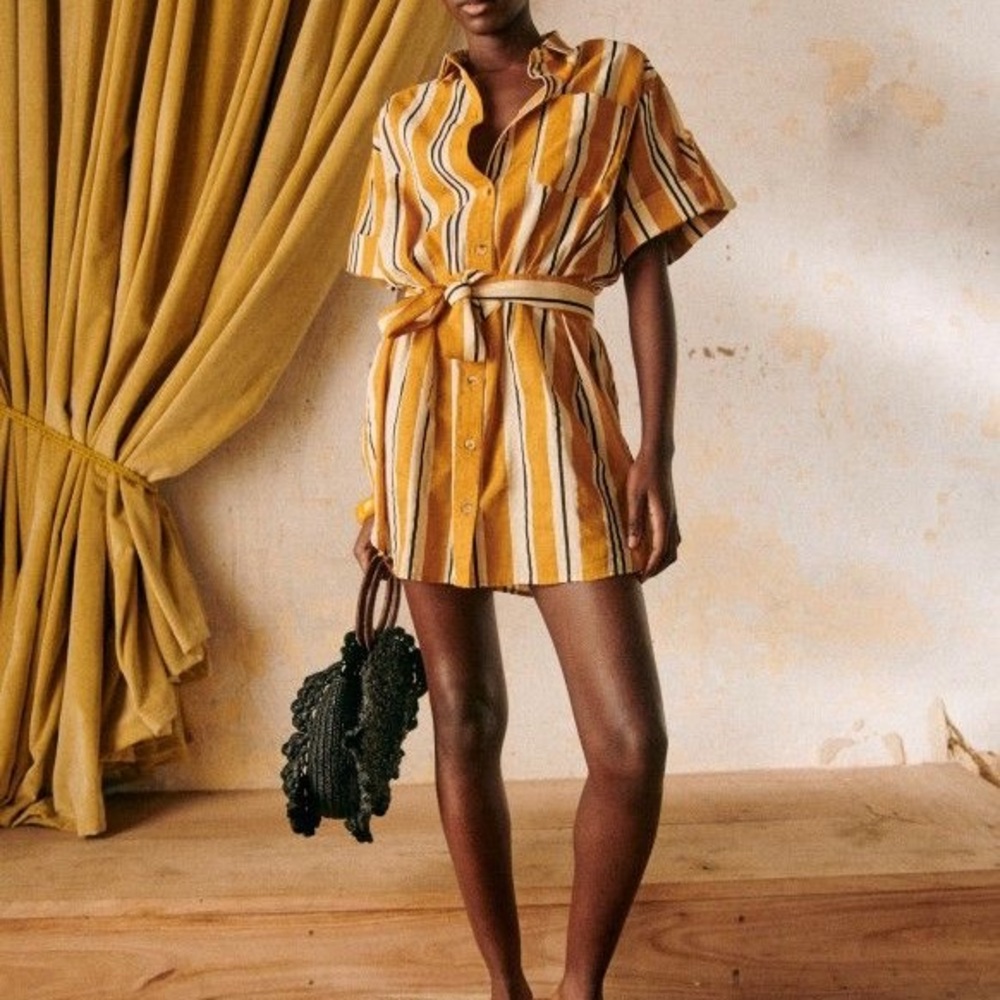 Sézane sz S Celia Striped Shirt Dress in Ochre Ecru Belted Oversized - Picture 5 of 9